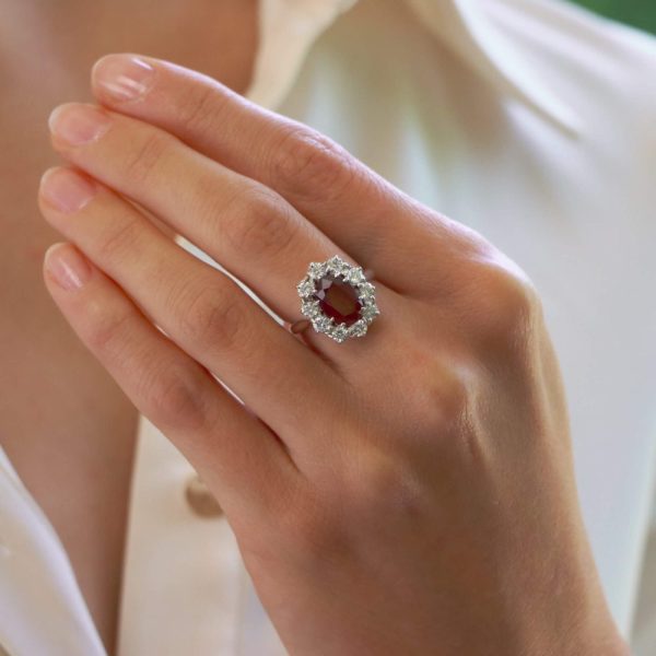 Vintage 3.03ct Oval Ruby and Diamond Cluster Engagement Ring in 18ct White Gold