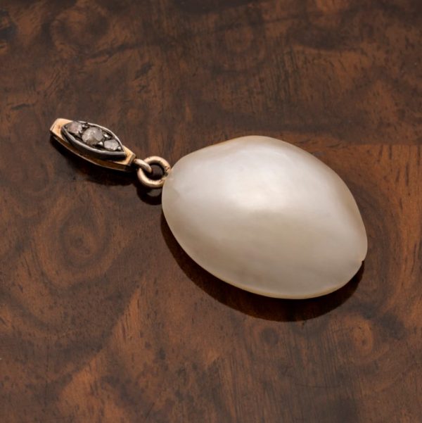 Antique 19th Century Certified Natural Blister Pearl Pendant with Diamond Bale