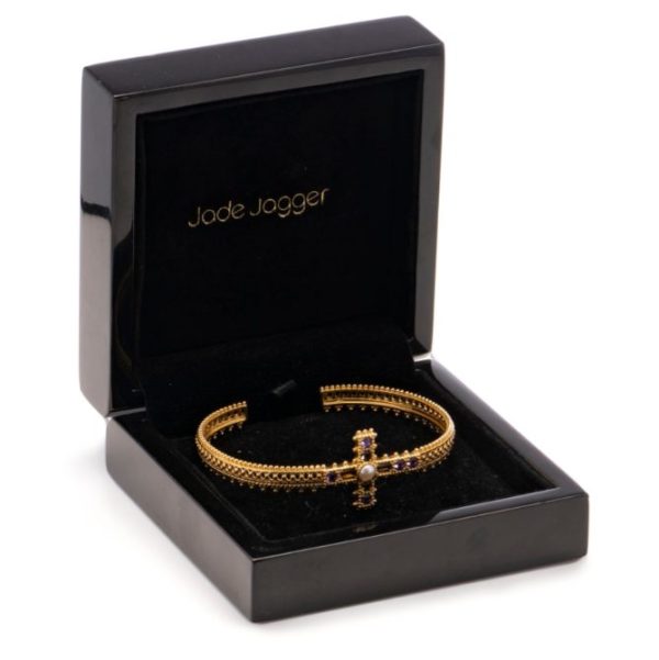Amethyst Pearl 18ct Gold Cross Bangle Bracelet by Jade Jagger