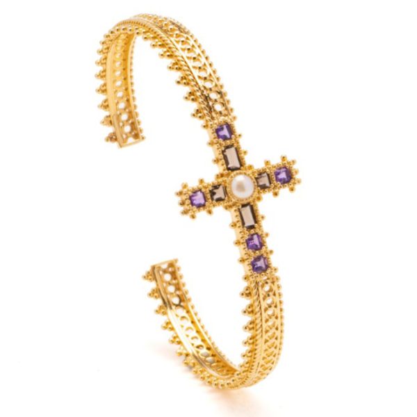 18ct Yellow Gold Cross Bangle Bracelet with Amethyst Smoky Quartz and Pearl
