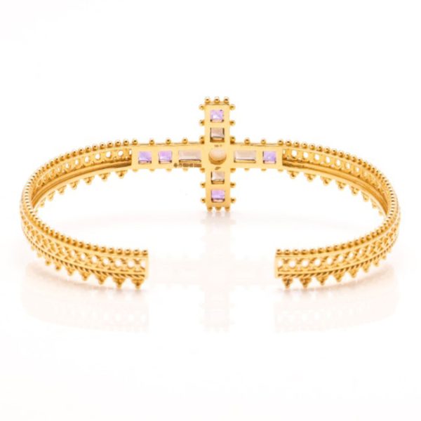 Decorative 18ct Yellow Gold Cross Bangle Bracelet with Amethyst Smoky Quartz and Pearl