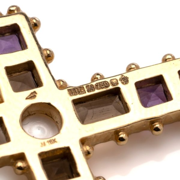Decorative 18ct Yellow Gold Cross Bangle Bracelet with Amethyst Smoky Quartz and Pearl