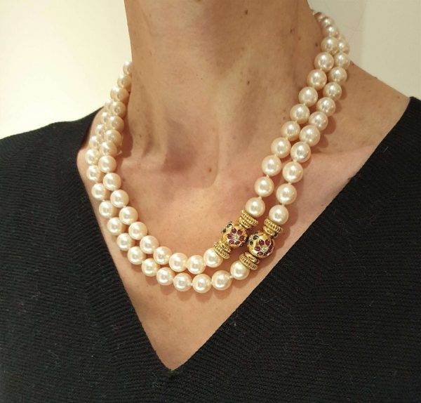 Vintage Italian Akoya Pearl Double Strand Two Row Necklace with Gem Set Clasps with Sapphire Rubies Diamonds