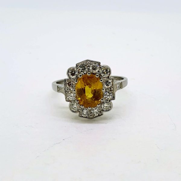 Modern 2.10ct Yellow Sapphire and Diamond Cluster Ring in Platinum