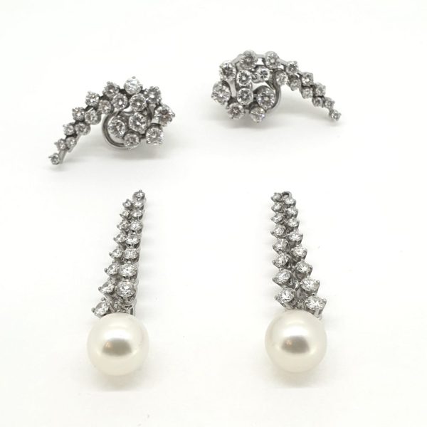 Unusual Vintage 4ct Diamond Cluster and Pearl Long Drop Earrings with detachable tops