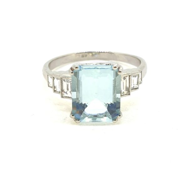 2.80ct Aquamarine and Baguette Diamond Engagement Ring in Platinum