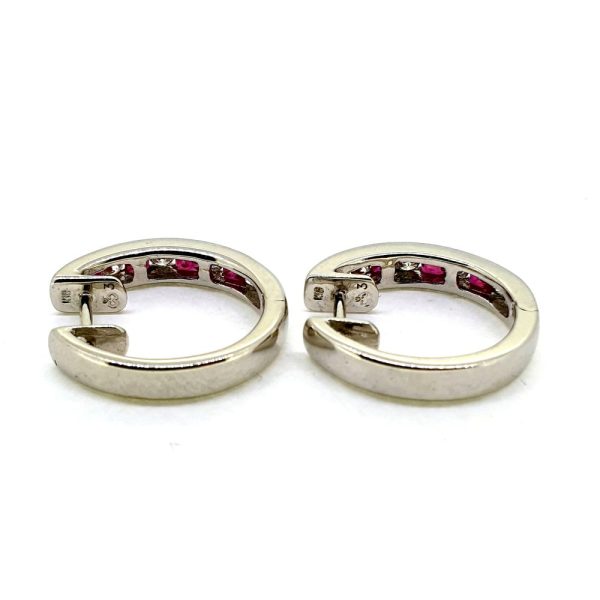 Square Cut Ruby and Diamond Huggy Hoop Earrings in 18ct White Gold
