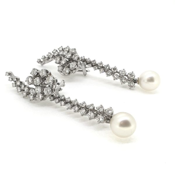 Vintage 4ct Diamond Cluster and Pearl Long Drop Earrings, 4 carat total