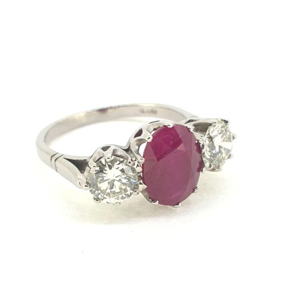 3.75ct Oval Ruby and Diamond Trilogy Engagement Ring in Platinum