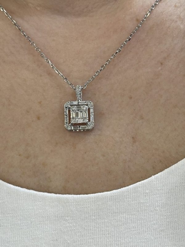 Baguette and Brilliant Diamond Cluster Pendant with Chain