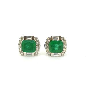 Fine pair of 3.79ct Emerald Cluster Earrings with Brilliant and Baguette Diamonds