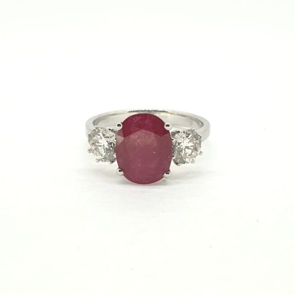 2.87ct Oval Ruby and Diamond Trilogy Engagement Ring in 18ct White Gold