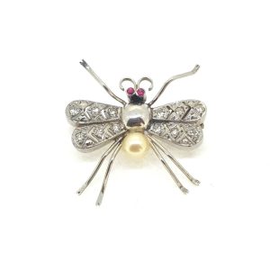 Vintage Pearl and Diamond Set Platinum Insect Brooch