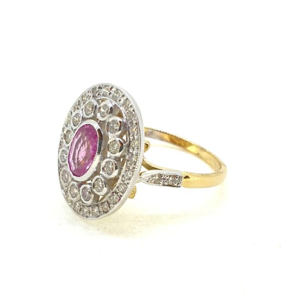 Edwardian Inspired 1ct Oval Pink Sapphire and Diamond Cluster Ring