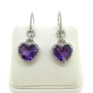 Amethyst and Diamond Heart Cluster Drop Earrings