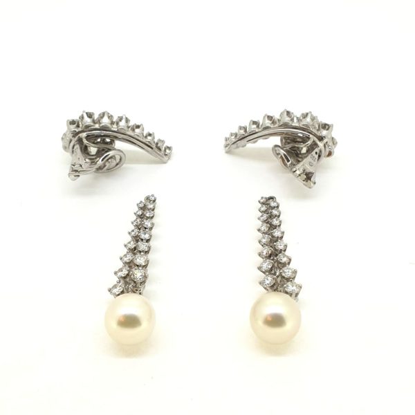 Unusual Vintage 4ct Diamond Cluster and Pearl Drop Earrings with detachable tops
