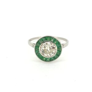 0.90ct Old Cut Diamond and Emerald Target Cluster Ring