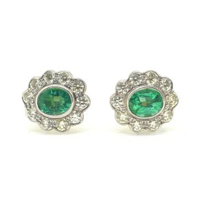 1.20ct Oval Emerald and Diamond Floral Cluster Earrings