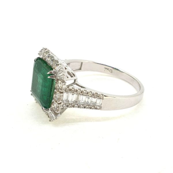 3.35ct Square Step Cut Emerald and Diamond Cluster Dress Ring with Baguette and Brilliant Diamonds