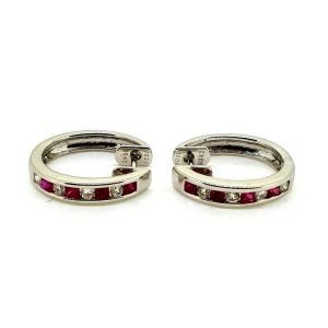 Square Cut Ruby and Diamond Huggy Hoop Earrings in 18ct White Gold