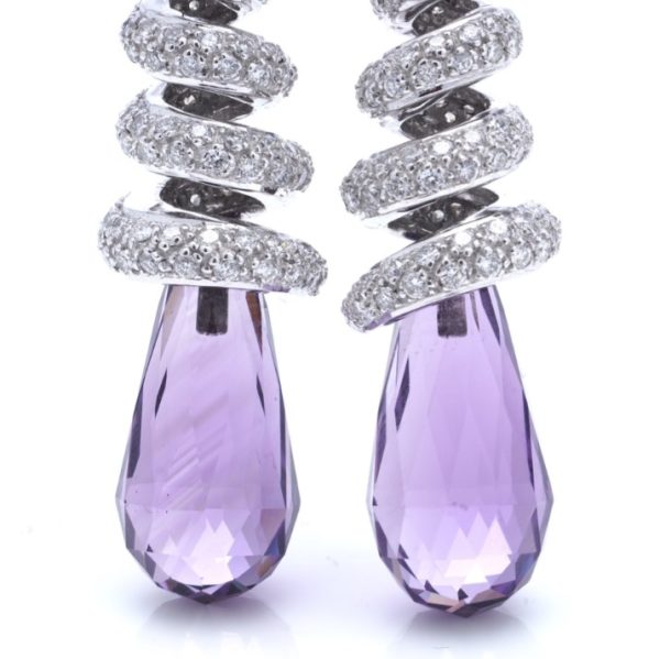 Briolette Cut Amethyst and Diamond Spiral Drop Earrings