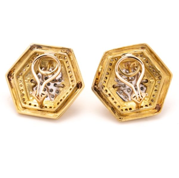 Octagonal Yellow Gold Earrings with Diamonds, 2.32 carat total, vintage 14ct yellow and white gold honeycomb-shaped pair of clip-on earrings pave set 2.32cts diamonds. Circa 1990s