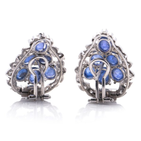 7.20ct Natural Cabochon Sapphire and Diamond Leaf Shaped Cluster Earrings