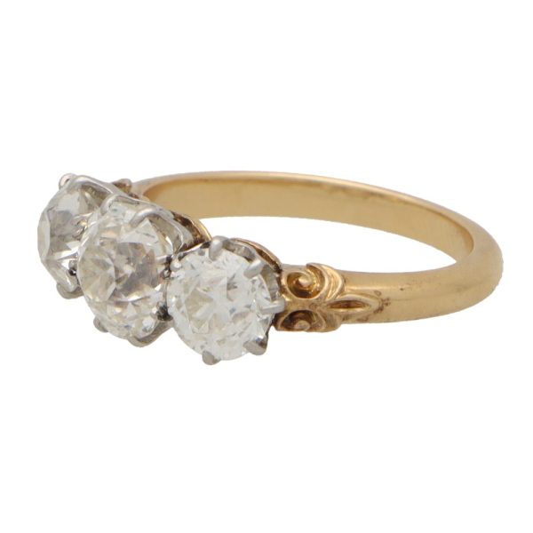 Vintage Old Mine Cut Diamond Trilogy Engagement Ring, 2.67 carat total