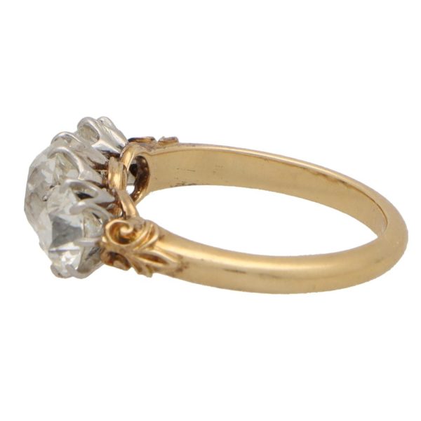 Vintage Old Mine Cut Diamond Three Stone Engagement Ring, 2.67 carat total
