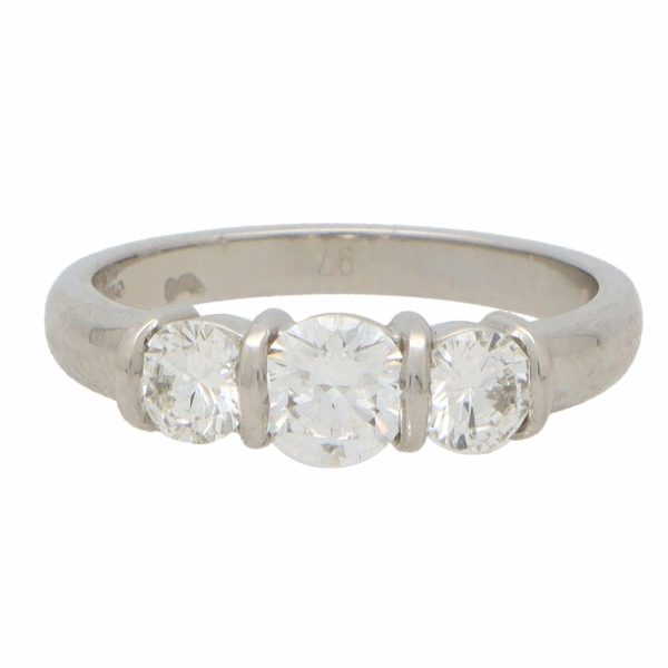 Bar Set Three Stone Diamond Ring in Platinum, 0.75 carats
