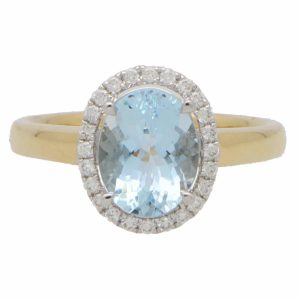 3.39ct Aquamarine and Diamond Halo Cluster Ring in Yellow Gold