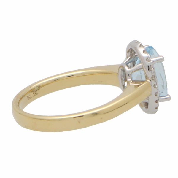 3.39ct Oval Aquamarine and Diamond Halo Cluster Engagement Ring in 18ct White and Yellow Gold