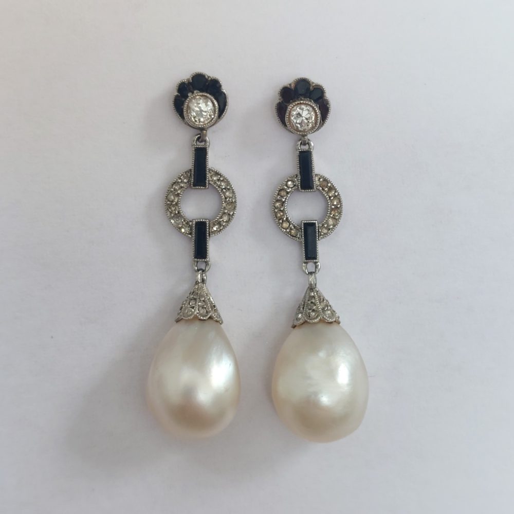 Antique Natural Pearl and Diamond Ear Pendents