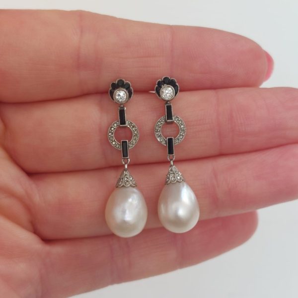 Antique Art Deco Natural Pearl Onyx and Diamond Earrings