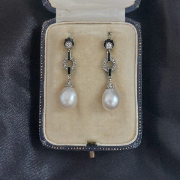 Antique Art Deco Natural Pearl Onyx and Diamond Earrings