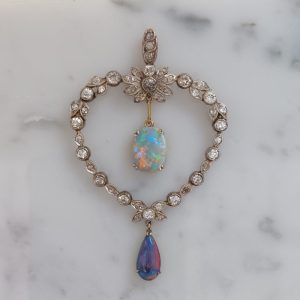 Antique Edwardian Diamond Heart and Opal Pendant Necklace