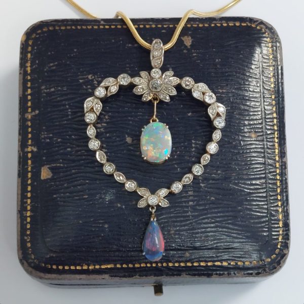 Antique Edwardian Diamond Heart and Opal Pendant Necklace