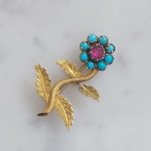 Antique Georgian Turquoise and Ruby Flower Brooch