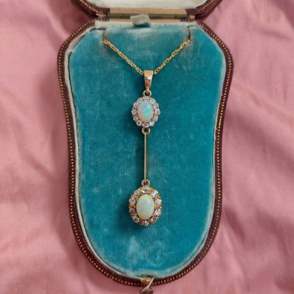 Antique Opal and Diamond Double Cluster Drop Pendant Necklace