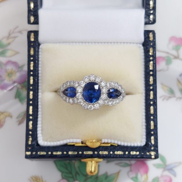 Antique Style Triple 1.50ct Sapphire and Diamond Cluster Ring