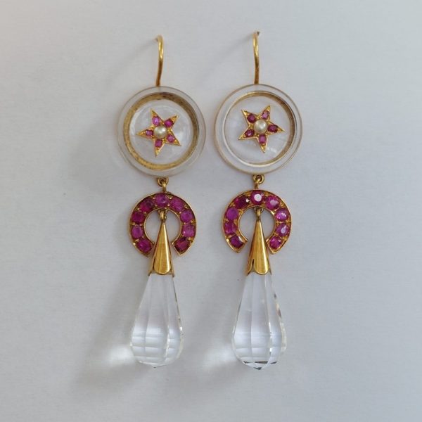 Antique Victorian Burmese Ruby and Rock Crystal Earrings