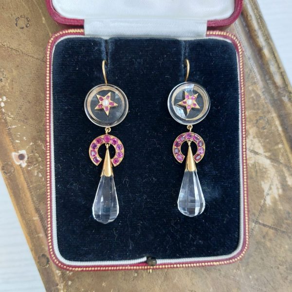 Antique Victorian Burmese Ruby and Rock Crystal Earrings