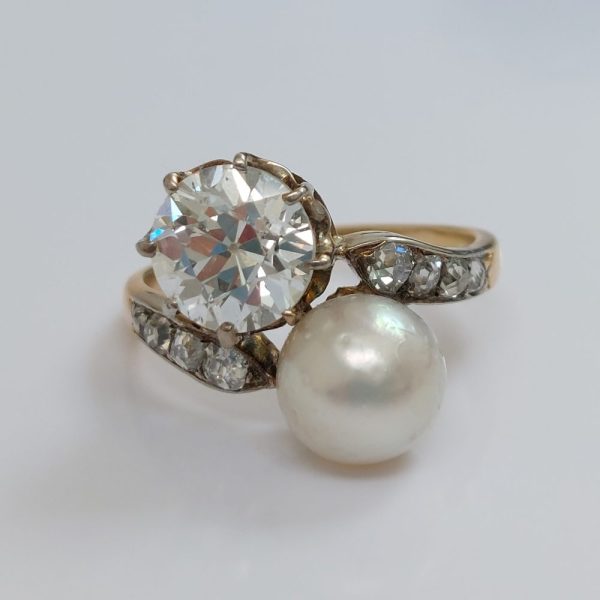 Antique Victorian Natural Pearl and 2ct Diamond Crossover Ring