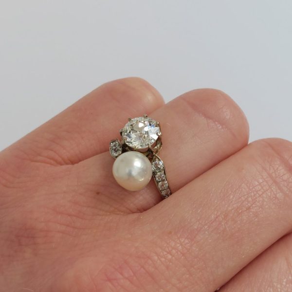 Antique Victorian Natural Pearl and 2ct Diamond Crossover Ring