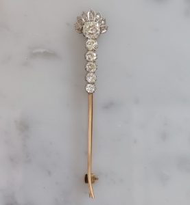 Antique Art Deco Old Mine Cut Diamond Pin Brooch, 1 carat