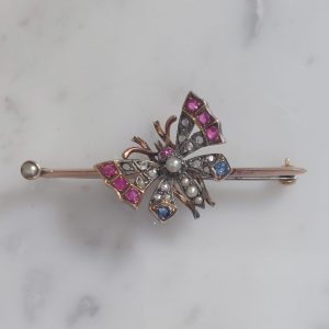Antique Victorian Sapphire Ruby and Diamond Butterfly Brooch