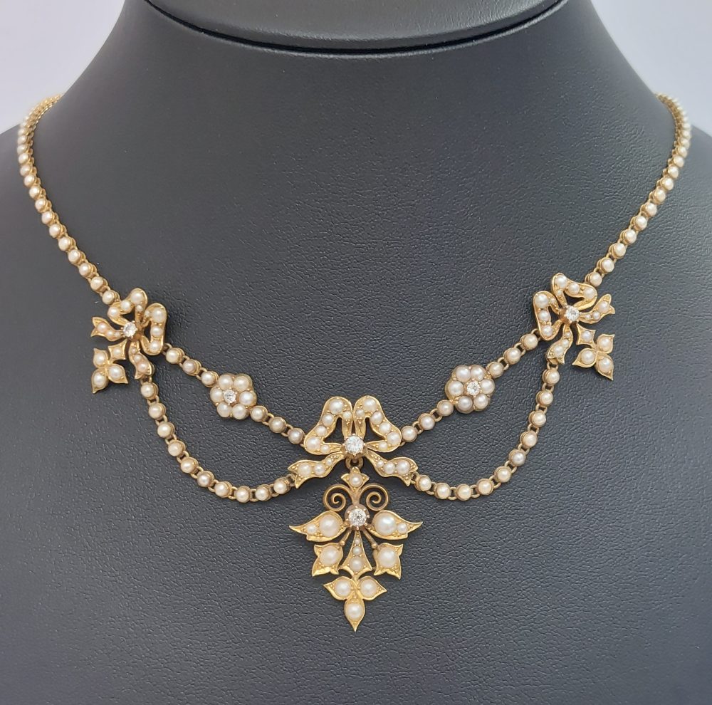 Antique Victorian Seed Pearl and Diamond Swag Necklace