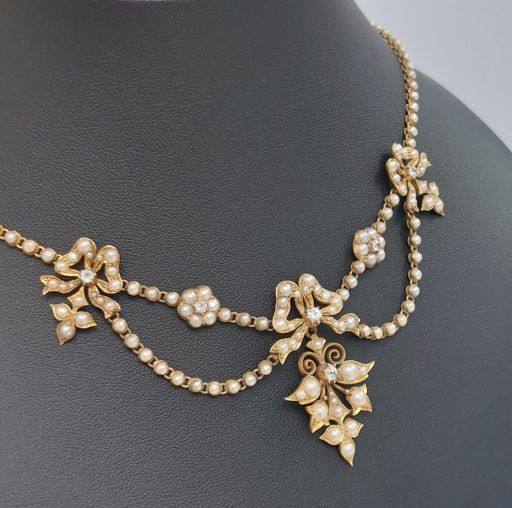 Antique Victorian Seed Pearl and Diamond Swag Necklace