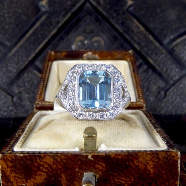 Art Deco Inspired 2.90ct Aquamarine and Diamond Cluster Ring