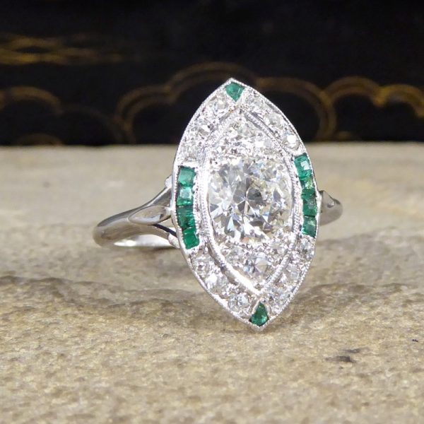 Art Deco Navette Shaped Diamond and Emerald Cluster Ring
